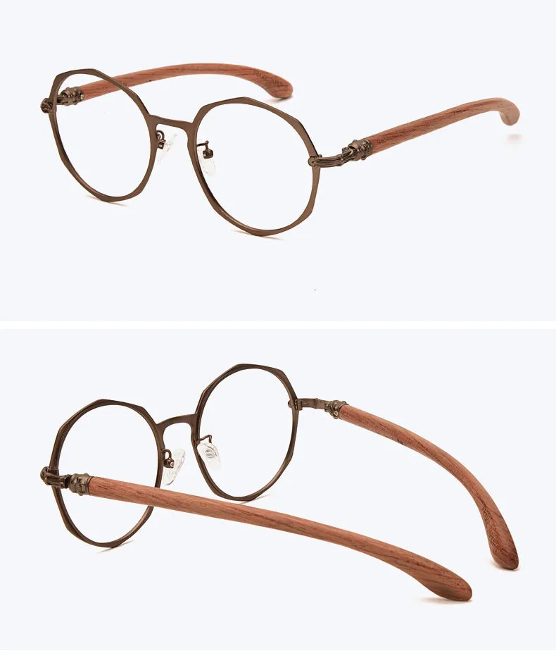 Hdcrafter Unisex Full Rim Round Acetate Alloy Frame Wood Temple Eyeglasses 7578d