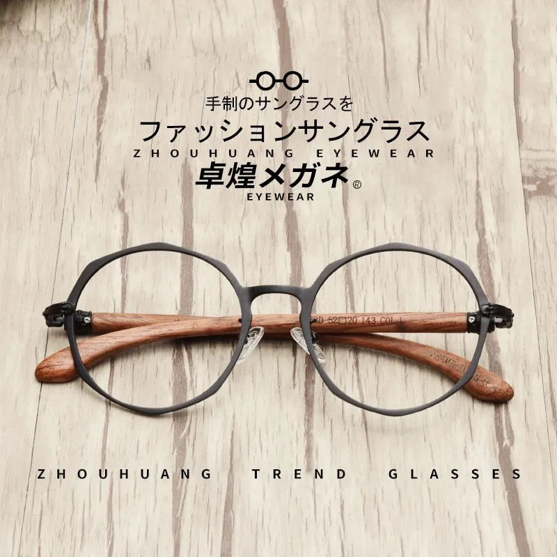 Hdcrafter Unisex Full Rim Round Acetate Alloy Frame Wood Temple Eyeglasses 7578d