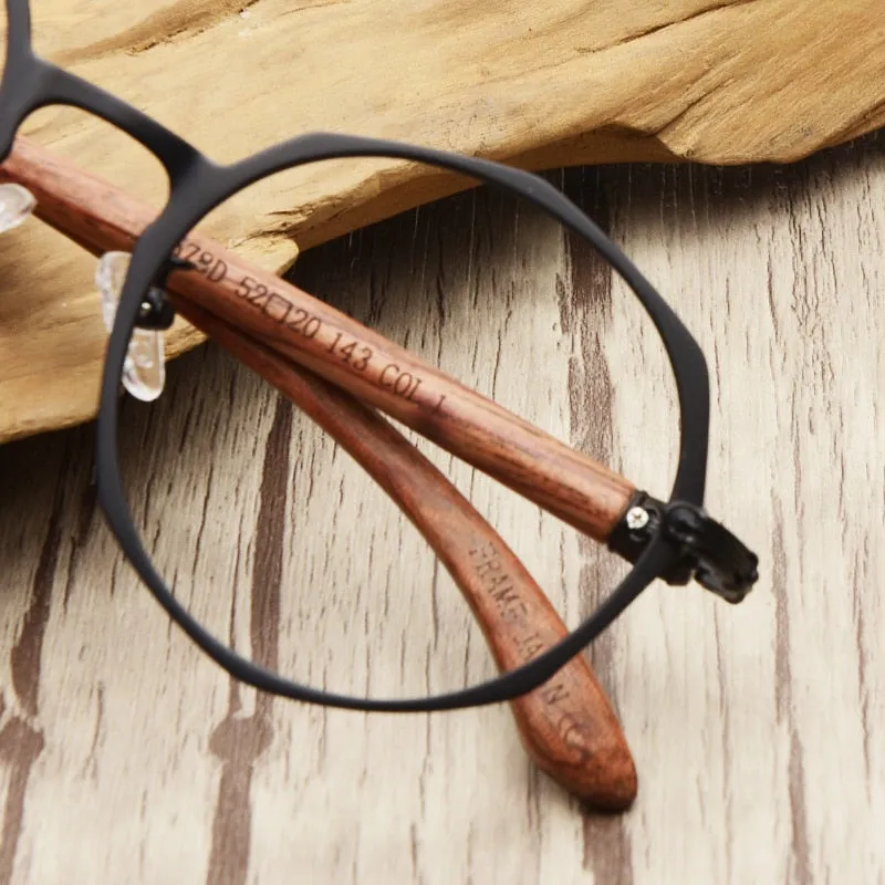 Hdcrafter Unisex Full Rim Round Acetate Alloy Frame Wood Temple Eyeglasses 7578d