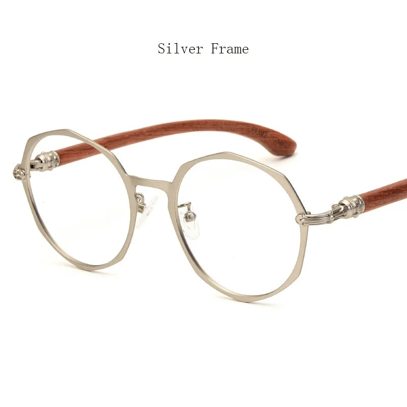Hdcrafter Unisex Full Rim Round Acetate Alloy Frame Wood Temple Eyeglasses 7578d