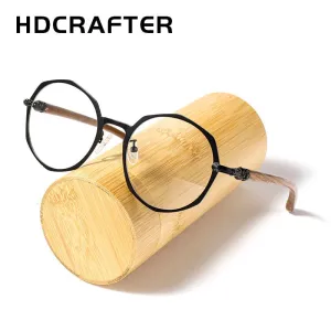 Hdcrafter Unisex Full Rim Round Acetate Alloy Frame Wood Temple Eyeglasses 7578d