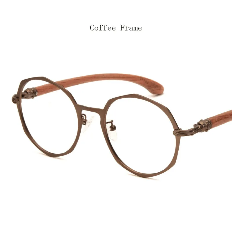 Hdcrafter Unisex Full Rim Round Acetate Alloy Frame Wood Temple Eyeglasses 7578d