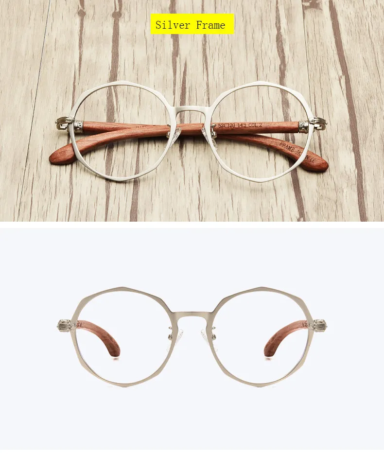 Hdcrafter Unisex Full Rim Round Acetate Alloy Frame Wood Temple Eyeglasses 7578d
