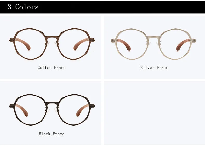 Hdcrafter Unisex Full Rim Round Acetate Alloy Frame Wood Temple Eyeglasses 7578d
