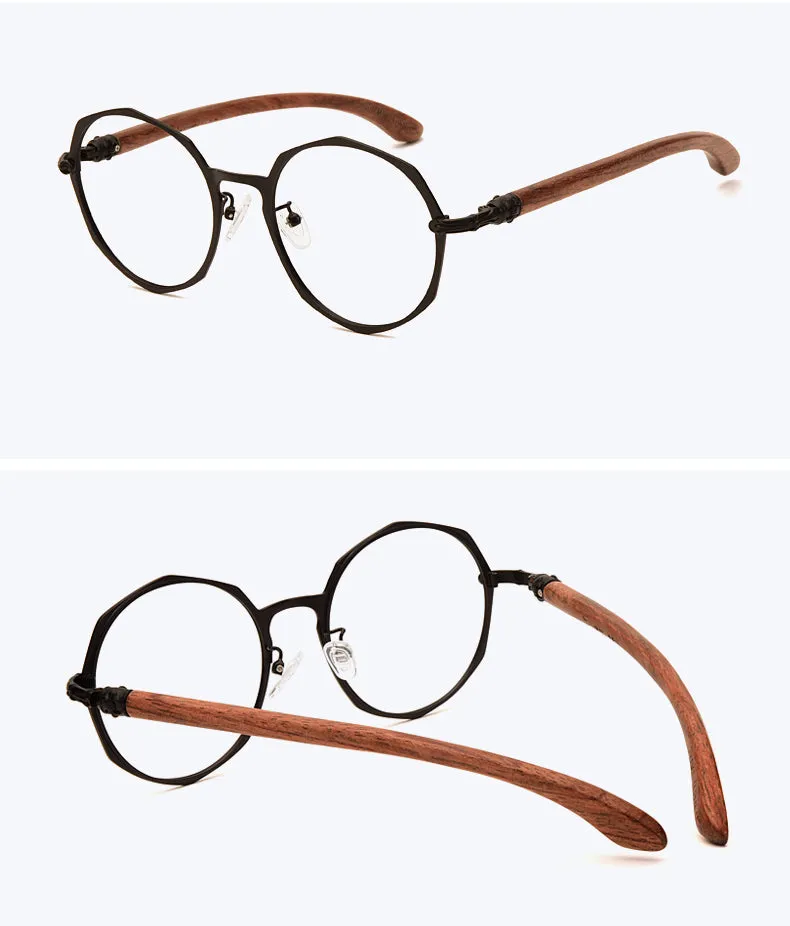 Hdcrafter Unisex Full Rim Round Acetate Alloy Frame Wood Temple Eyeglasses 7578d