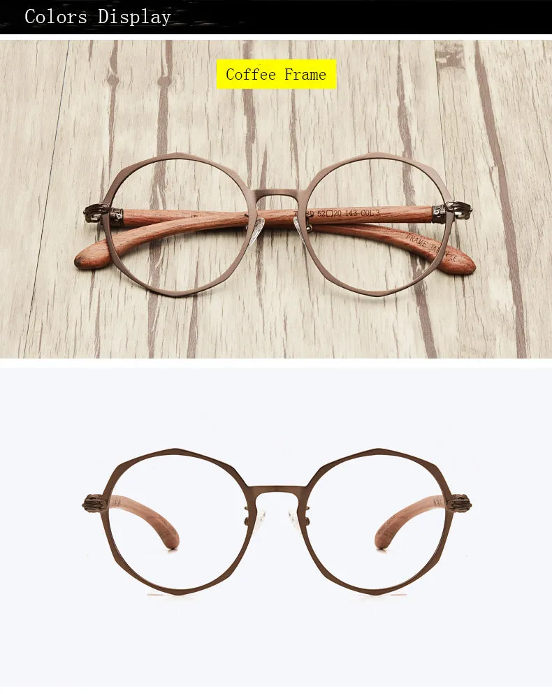 Hdcrafter Unisex Full Rim Round Acetate Alloy Frame Wood Temple Eyeglasses 7578d