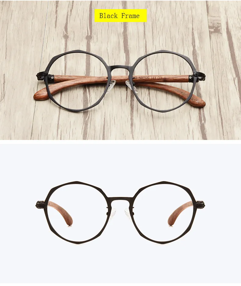 Hdcrafter Unisex Full Rim Round Acetate Alloy Frame Wood Temple Eyeglasses 7578d