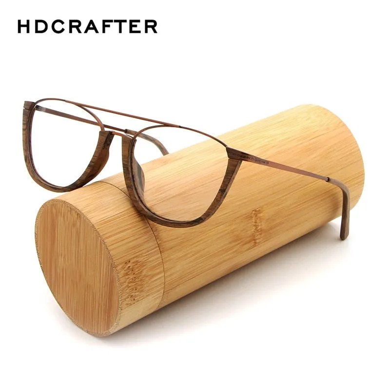 Hdcrafter Unisex Full Rim Round Double Bridge Wood Metal Frame Eyeglasses Hb032