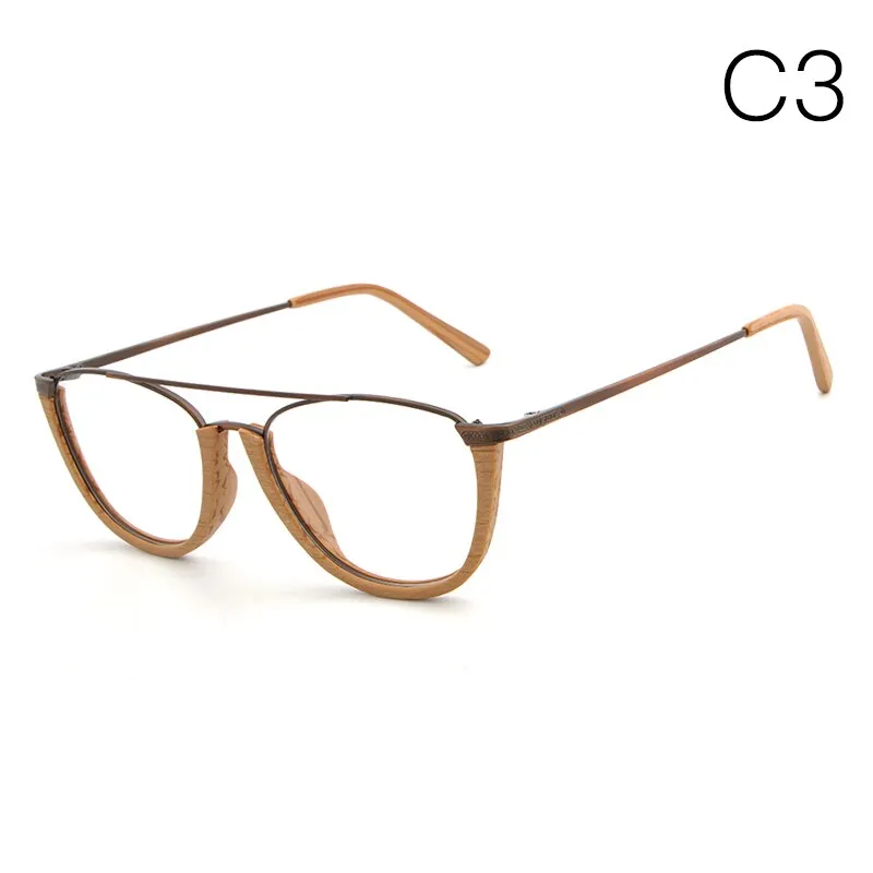 Hdcrafter Unisex Full Rim Round Double Bridge Wood Metal Frame Eyeglasses Hb032