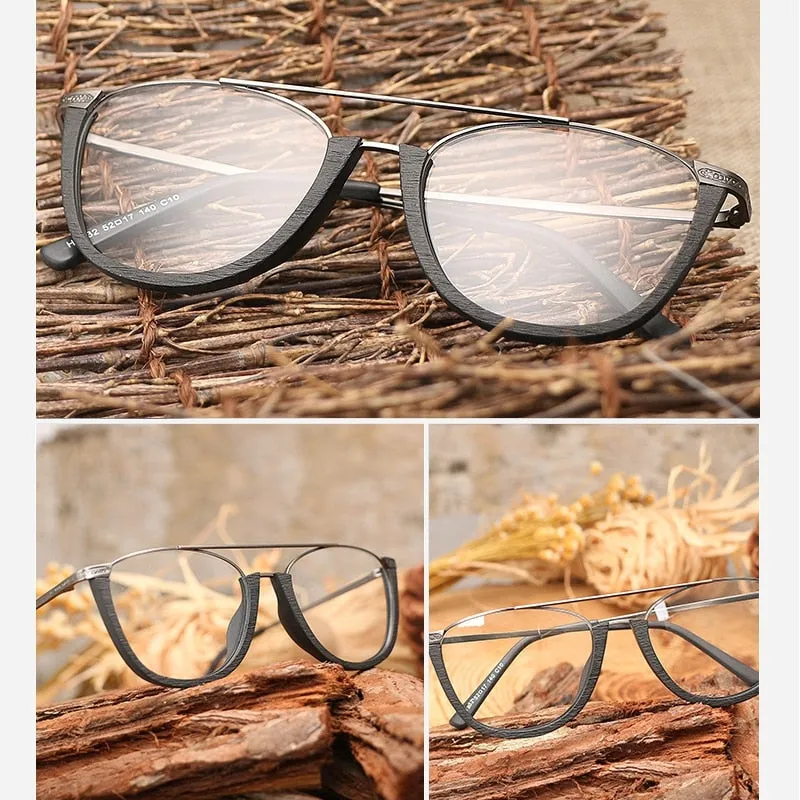 Hdcrafter Unisex Full Rim Round Double Bridge Wood Metal Frame Eyeglasses Hb032