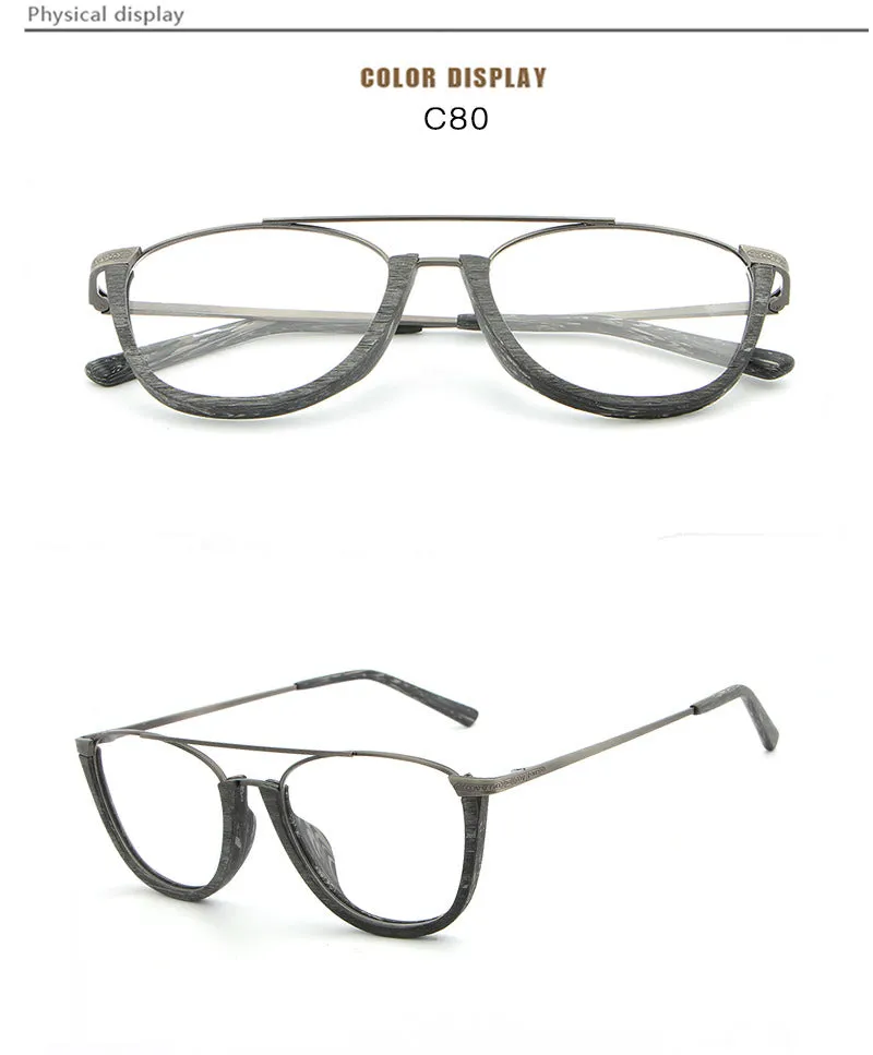 Hdcrafter Unisex Full Rim Round Double Bridge Wood Metal Frame Eyeglasses Hb032
