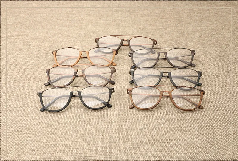 Hdcrafter Unisex Full Rim Round Double Bridge Wood Metal Frame Eyeglasses Hb032