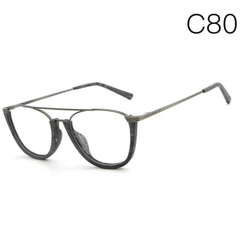 Hdcrafter Unisex Full Rim Round Double Bridge Wood Metal Frame Eyeglasses Hb032