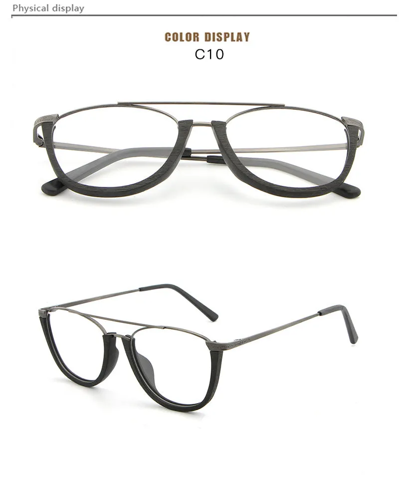 Hdcrafter Unisex Full Rim Round Double Bridge Wood Metal Frame Eyeglasses Hb032