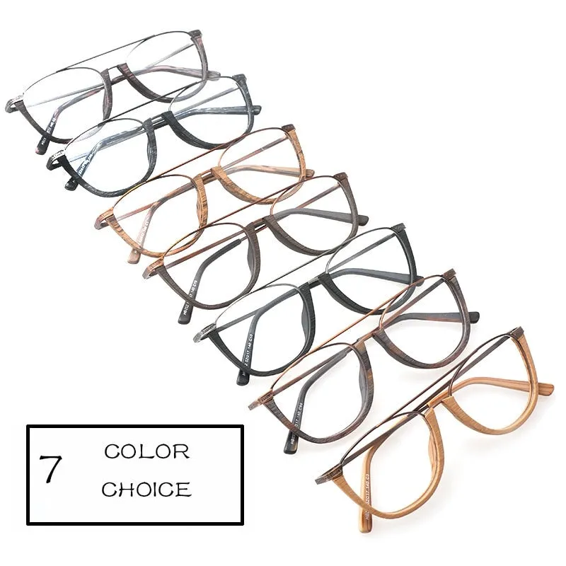 Hdcrafter Unisex Full Rim Round Double Bridge Wood Metal Frame Eyeglasses Hb032