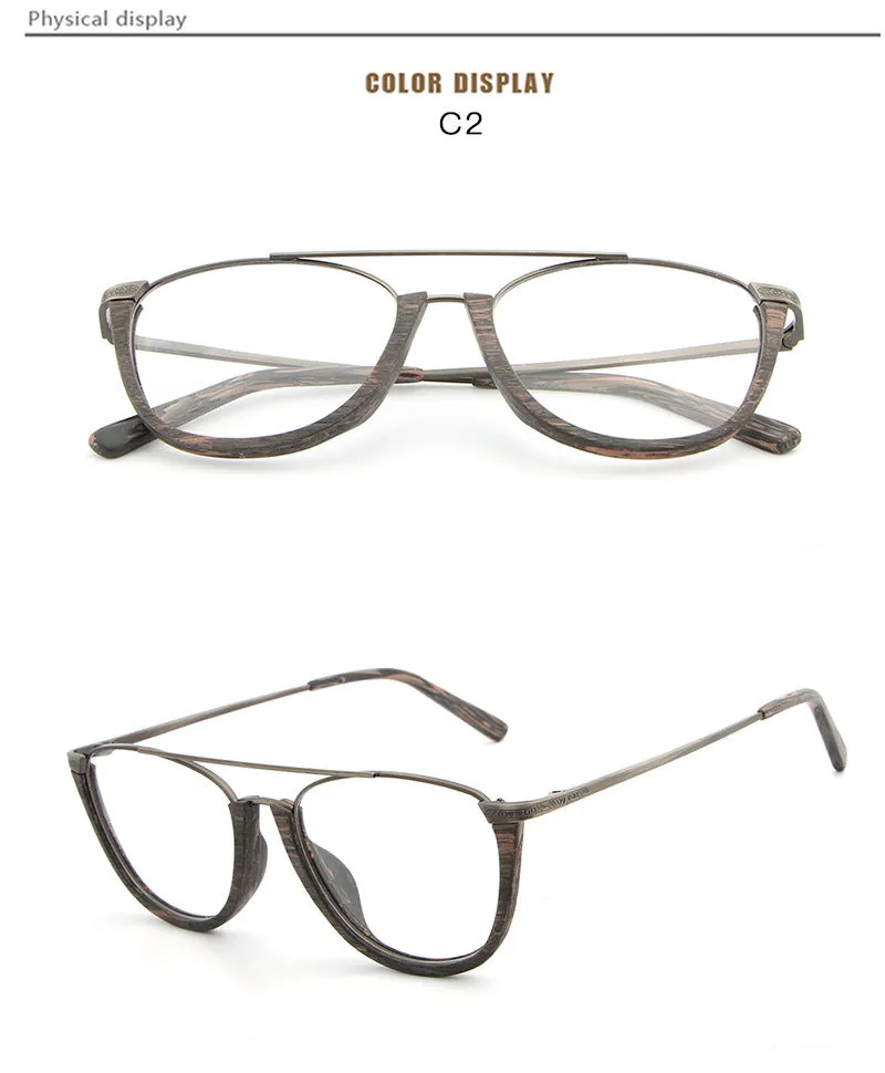 Hdcrafter Unisex Full Rim Round Double Bridge Wood Metal Frame Eyeglasses Hb032