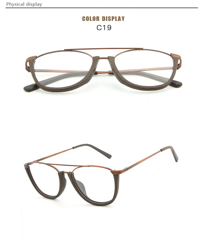 Hdcrafter Unisex Full Rim Round Double Bridge Wood Metal Frame Eyeglasses Hb032