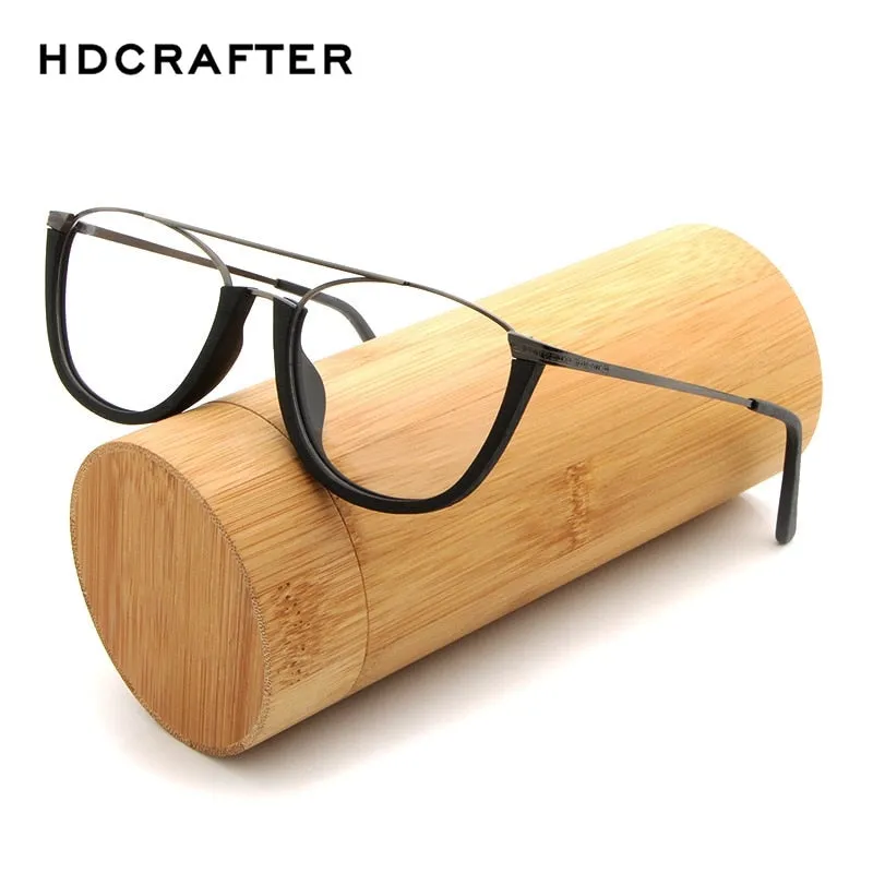 Hdcrafter Unisex Full Rim Round Double Bridge Wood Metal Frame Eyeglasses Hb032