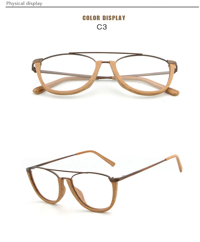 Hdcrafter Unisex Full Rim Round Double Bridge Wood Metal Frame Eyeglasses Hb032