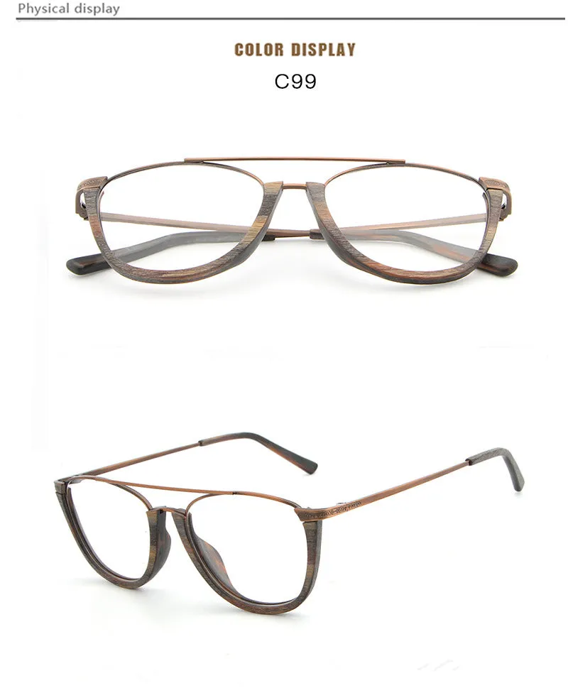 Hdcrafter Unisex Full Rim Round Double Bridge Wood Metal Frame Eyeglasses Hb032