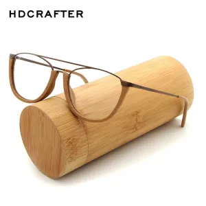 Hdcrafter Unisex Full Rim Round Double Bridge Wood Metal Frame Eyeglasses Hb032
