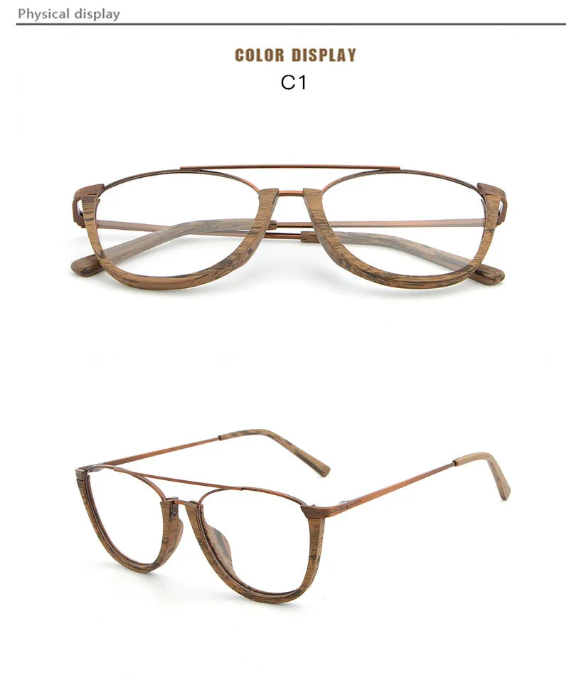 Hdcrafter Unisex Full Rim Round Double Bridge Wood Metal Frame Eyeglasses Hb032
