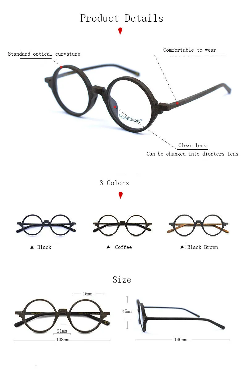 Hdcrafter Unisex Full Rim Round Metal Wood Frame Eyeglasses Ps6083
