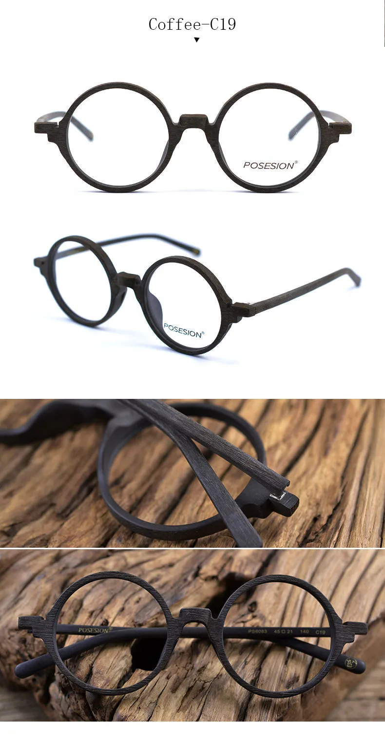 Hdcrafter Unisex Full Rim Round Metal Wood Frame Eyeglasses Ps6083