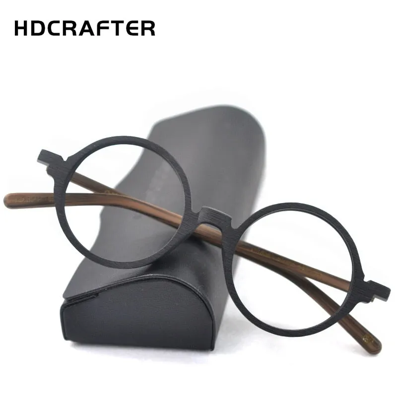 Hdcrafter Unisex Full Rim Round Metal Wood Frame Eyeglasses Ps6083