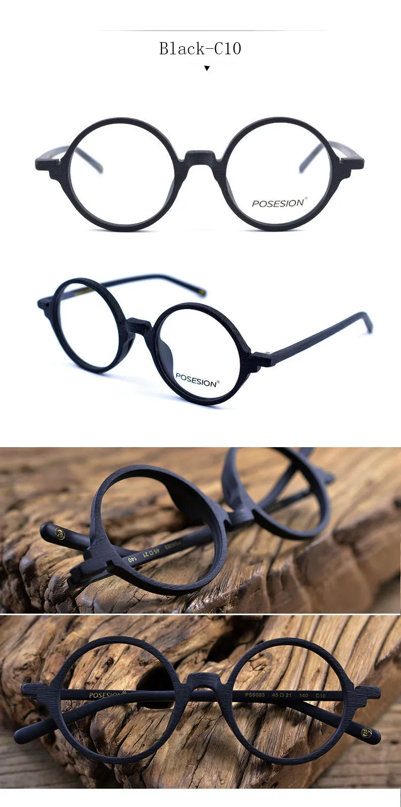 Hdcrafter Unisex Full Rim Round Metal Wood Frame Eyeglasses Ps6083