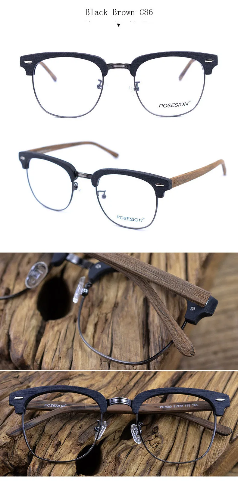 Hdcrafter Unisex Full Rim Round Metal Wood Frame Eyeglasses Ps7090