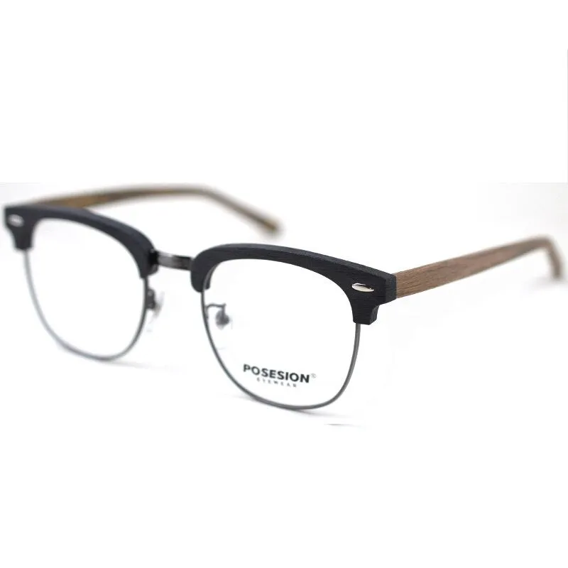 Hdcrafter Unisex Full Rim Round Metal Wood Frame Eyeglasses Ps7090