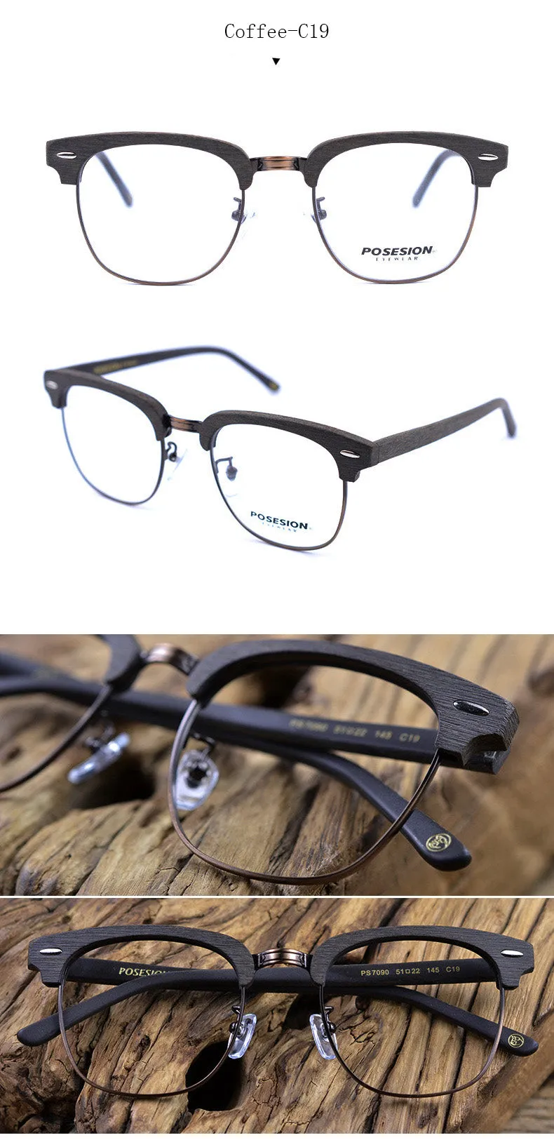 Hdcrafter Unisex Full Rim Round Metal Wood Frame Eyeglasses Ps7090