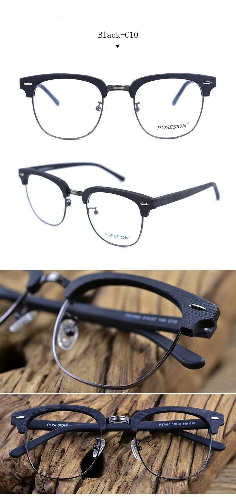Hdcrafter Unisex Full Rim Round Metal Wood Frame Eyeglasses Ps7090