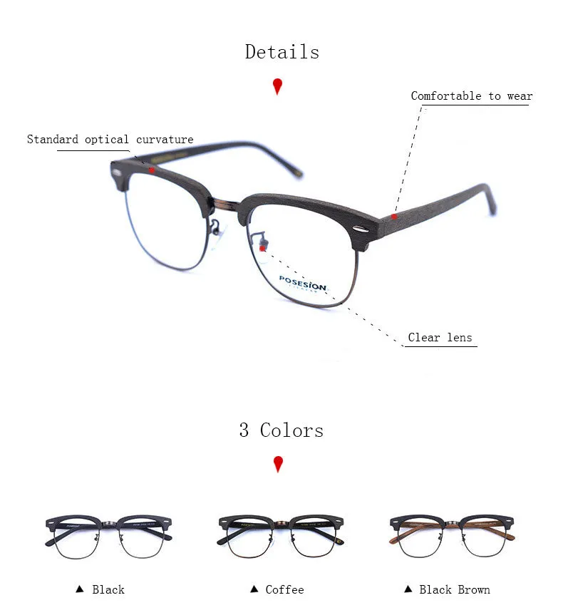 Hdcrafter Unisex Full Rim Round Metal Wood Frame Eyeglasses Ps7090