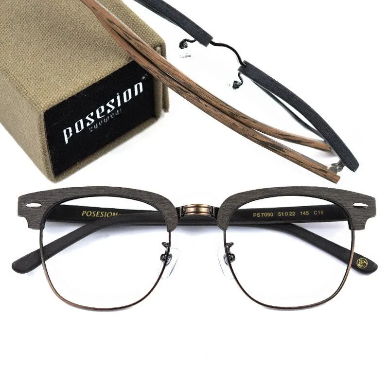 Hdcrafter Unisex Full Rim Round Metal Wood Frame Eyeglasses Ps7090