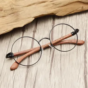Hdcrafter Unisex Full Rim Round  Titanium Wood Frame Eyeglasses 7573