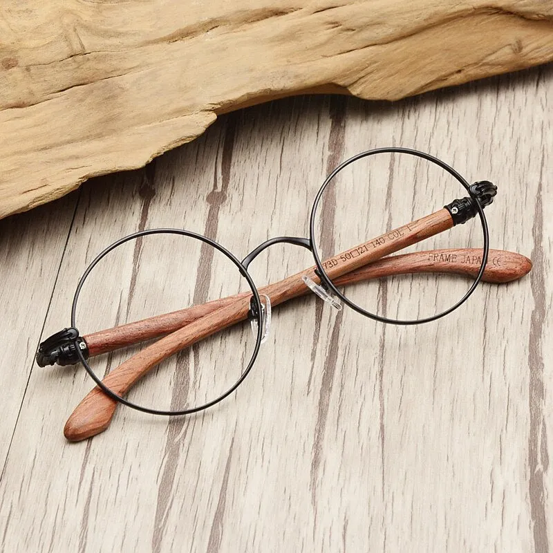 Hdcrafter Unisex Full Rim Round  Titanium Wood Frame Eyeglasses 7573