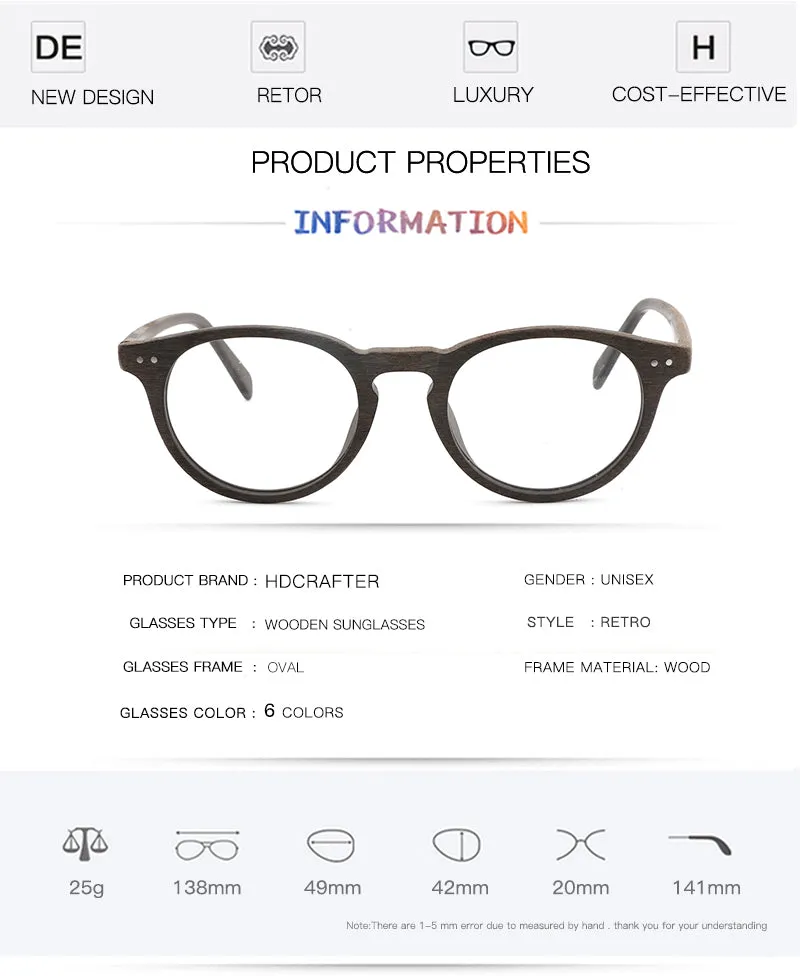 Hdcrafter Unisex Full Rim Round Wood Frame Eyeglasses Lhb030