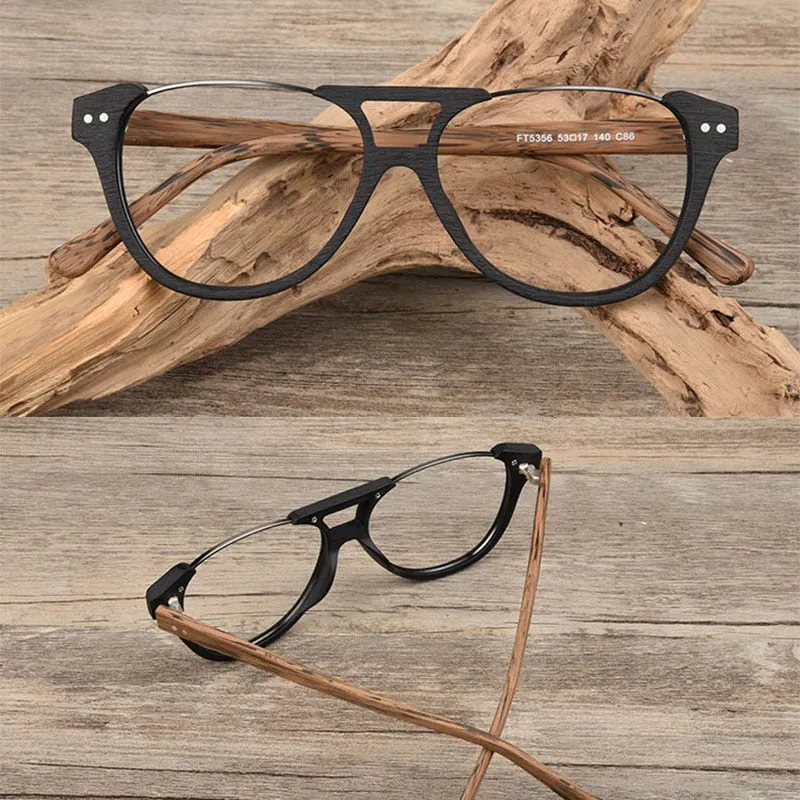 Hdcrafter Unisex Full Rim Square Double Bridge Wood Alloy Eyeglasses Ft5356