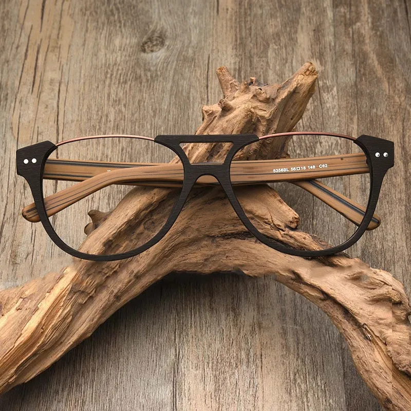 Hdcrafter Unisex Full Rim Square Double Bridge Wood Alloy Eyeglasses Ft5356