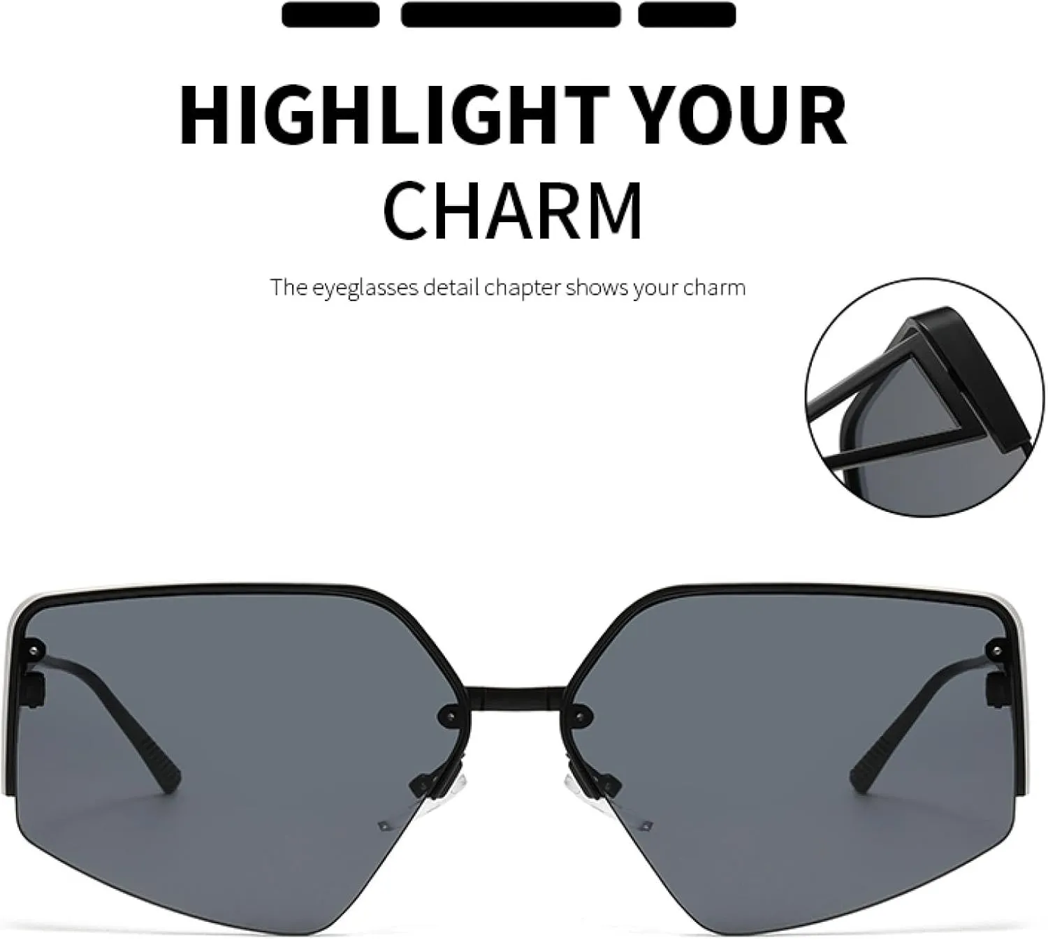 High End Half Frame Sunglasses for Women Fashion Trend Polygonal Large Frame Sunscreen