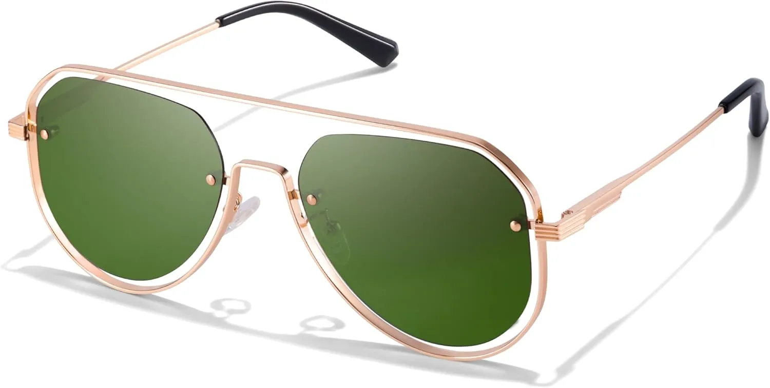 HIGLASS Trendy Polarized Sunglasses for Men Women, 2024 Oversized Double Bridge Shades Aviator Metal Frame UV400 Protection
