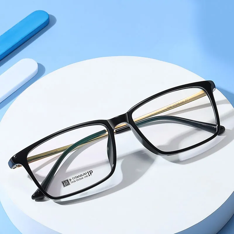 Hotochki Men's Full Rim Beta Titanium Frame Rectangular Eyeglasses 7036