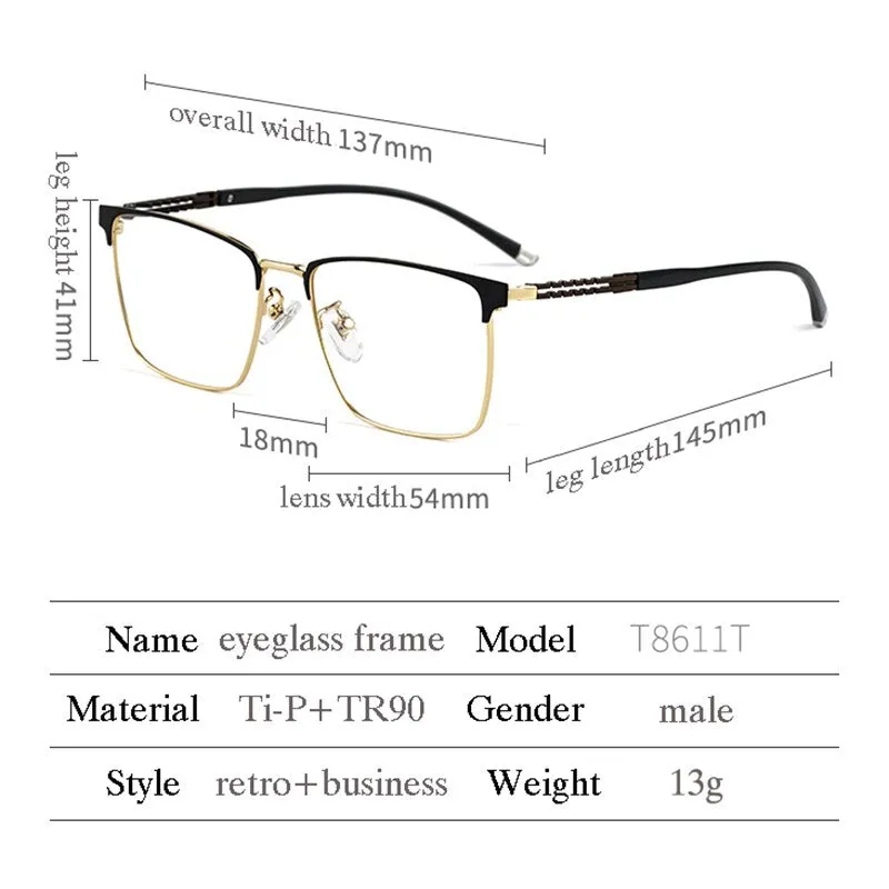 Hotochki Men's Full Rim Square Tr 90 Titanium Frame Eyeglasses T8611t