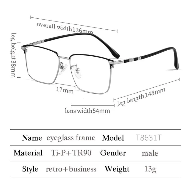 Hotochki Men's Full Rim Square Tr 90 Titanium Frame Eyeglasses T8631t