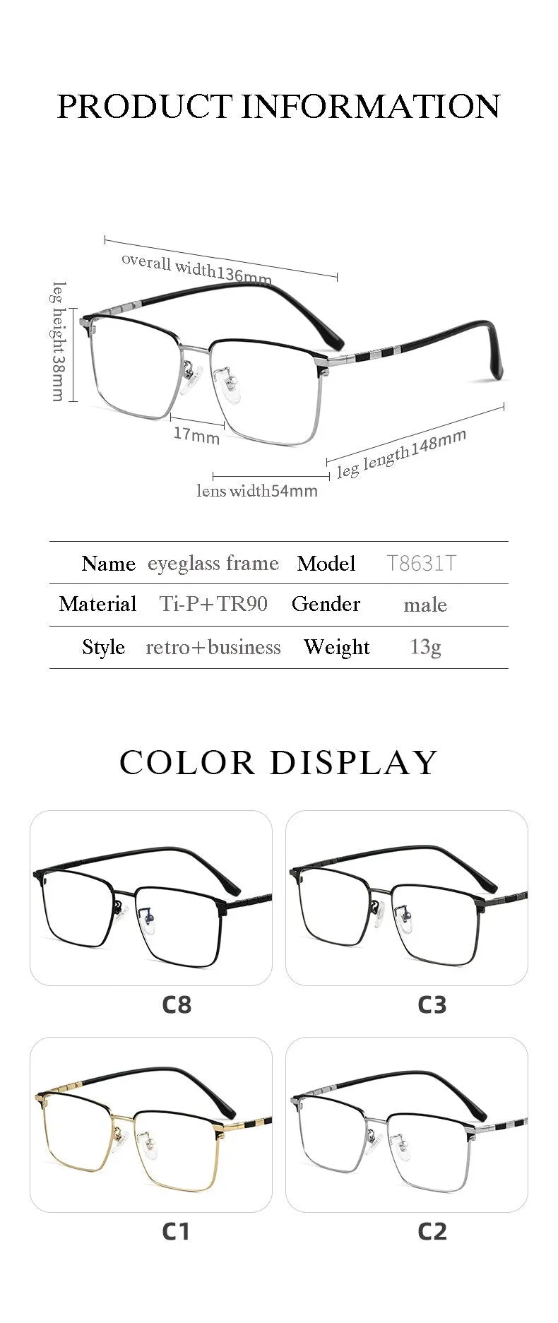 Hotochki Men's Full Rim Square Tr 90 Titanium Frame Eyeglasses T8631t