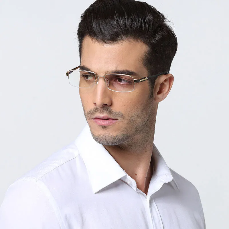 Hotochki Men's Semi Rim Rectangle Titanium Acetate Wood Eyeglasses 8001