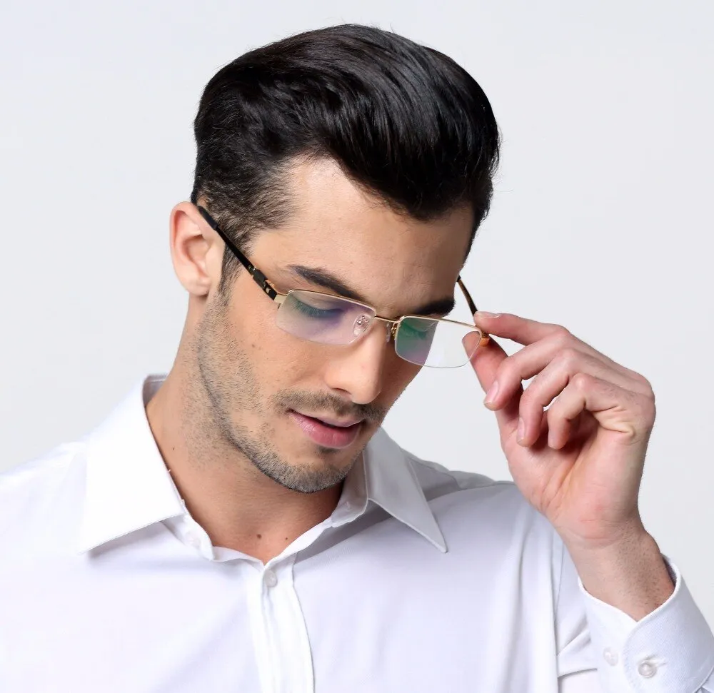 Hotochki Men's Semi Rim Rectangle Titanium Acetate Wood Eyeglasses 8001