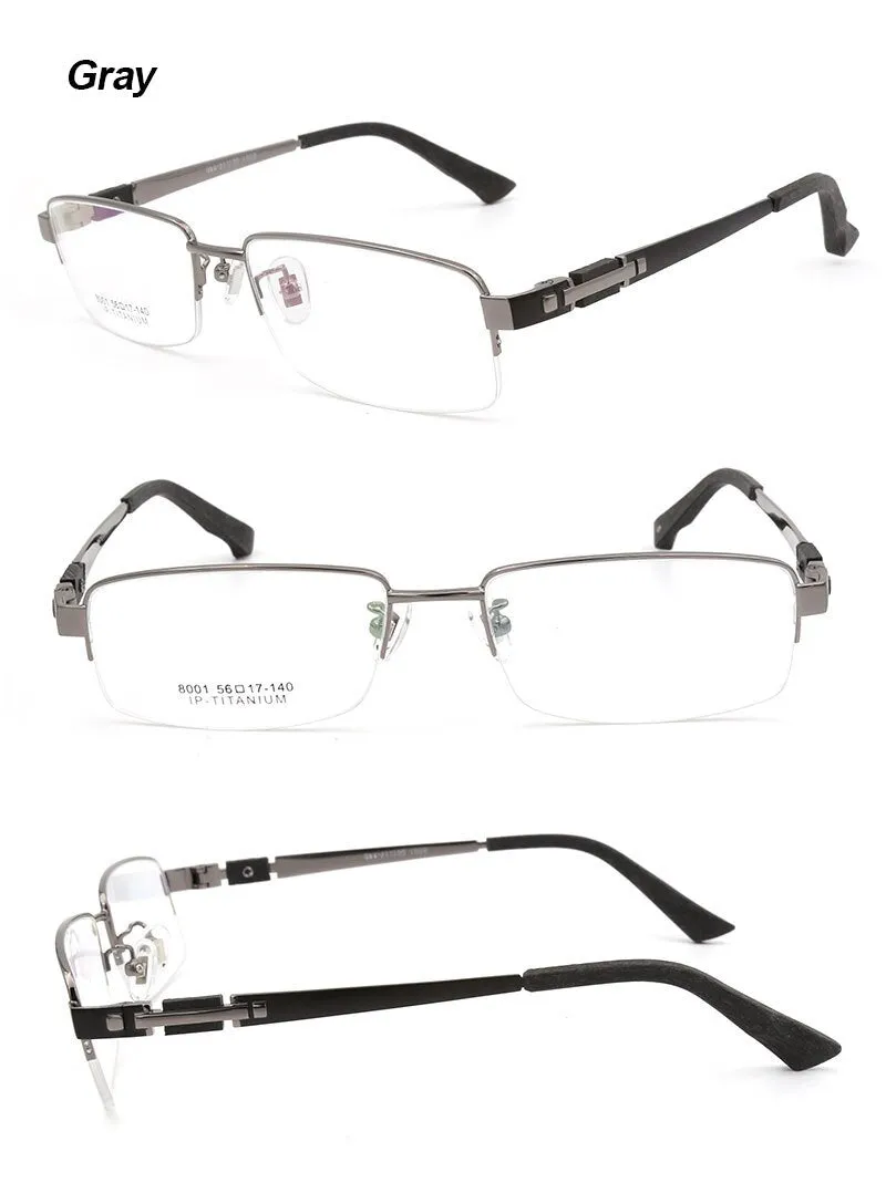 Hotochki Men's Semi Rim Rectangle Titanium Acetate Wood Eyeglasses 8001